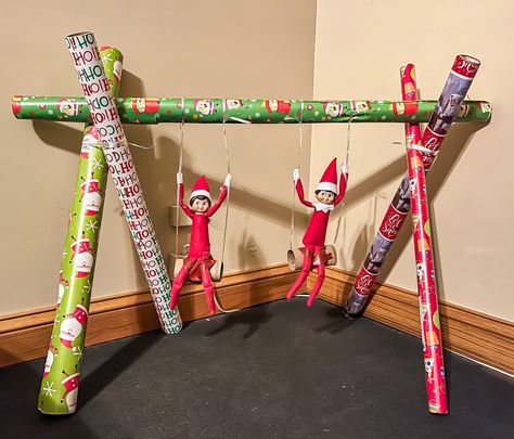 Elf on the shelf ideas Elf On Shelf Wrapping Paper Ideas, Elf Wrapping Paper Ideas, Elf Ideas Easy, Bad Elf, Elf Magic, Awesome Elf On The Shelf Ideas, Elf Activities, Xmas Elf, Elf Antics