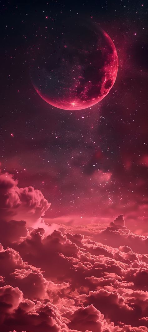 Elevate your iPhone with a wallpaper that captures a dreamy fantasy sky. Under a red sky, a red crescent moon nestles among stars and clouds, creating a mesmerizing scene. This fantasy background, awash in a pink color scheme, transforms your screen into a portal to a dreamy, otherworldly realm. Immerse yourself in the high-definition magic every time you unlock your device. #FantasySky #DreamySkyWallpaper #RedMoon #iPhoneWallpaper Fantasy Sky Wallpaper, Red Dreamy Aesthetic, Pink Moon Wallpaper Aesthetic, Pink Red Color Scheme, Iphone 10 Wallpaper Hd, Red Landscape Wallpaper, Pink Moon Wallpaper Iphone, Moon Background Wallpapers, Cherry Red Wallpaper Aesthetic