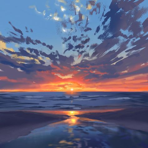 Sunset Background Digital Art, Sunset Environment Concept Art, Digital Art Sunset Tutorial, Digital Ocean Art, Sunset Character Design, Landscapes Procreate, Magical Landscape Painting, Sunset Drawing Digital, How To Draw Sunset