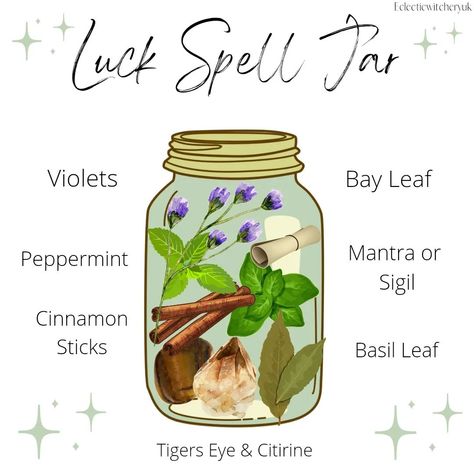 Witch Balls Protection Diy, Herbs For Luck, Good Luck Spell Jar, Happiness Spell Jar, Luck Spell Jar, Money Spells Magic, Luck Spell, Wicca Recipes, Candle Magic Spells