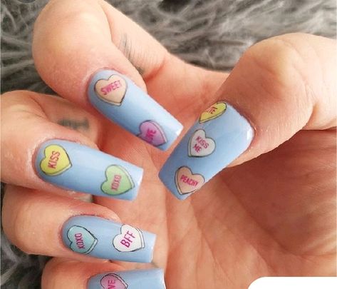 Love Hearts Nails, Love Heart Sweet Nails, Candy Heart Nail Art, Heart Candy Nails, Love Nails Design, Sweets Nails, Candy Heart Nails, Love Hearts Candy, Love Heart Nails