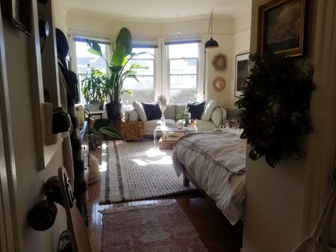 Male Studio Apartment, Studio Apartment Bed, Small Studio Apartment Decorating, Cozy Studio Apartment, Studio Vibes, San Francisco Apartment, Lots Of Plants, Studio Layout, Studio Apartment Living