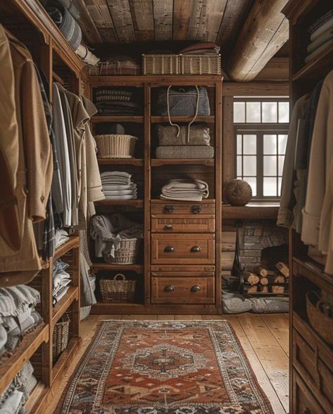 Small Cabin Interiors Cozy Bedroom, Rustic Wooden Interior, Rustic Wardrobe Closet, Wooden Lodge Interior, Vintage Wardrobe Closet Aesthetic, Cottage Linen Closet, Ralph Lauren Cabin Interiors, Cottagecore Walk In Closet, Cabin Walk In Closet