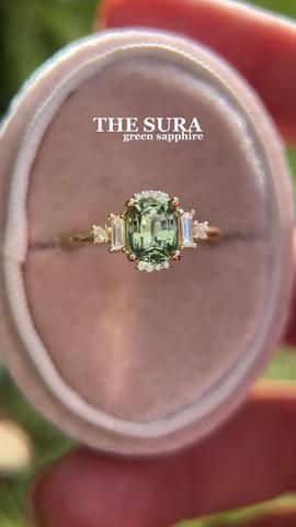 The first of ✨THREE✨ new Suras today! ✨unheated 1.3 CT green sapphire... | TikTok Green Sapphire Engagement Ring Vintage White Gold, The Sura Engagement Ring, Green Diamond Ring Engagement, Sapphire Engagement Ring Green, Green Saffire Engagement Ring, Engagement Ring Green Sapphire, Coloured Engagement Rings Stones, Sage Engagement Ring, Colored Moissanite Engagement Ring