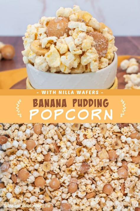 Looking for a new snack mix? Try our Banana Popcorn recipe! This easy-to-make treat is perfect for satisfying your sweet cravings while enjoying a movie night. With its banana pudding flavor and crunchy vanilla cookies, it's a fun no-bake snack that you won't be able to resist. Popcorn Corn On The Cob Bags, How To Package Popcorn To Sell, Hulless Popcorn Recipes, Popcorn Food Truck, Best Popcorn Recipe, Popcorn Mix Ins, Recipes With Popcorn, Loaded Popcorn, Popcorn Topping Ideas