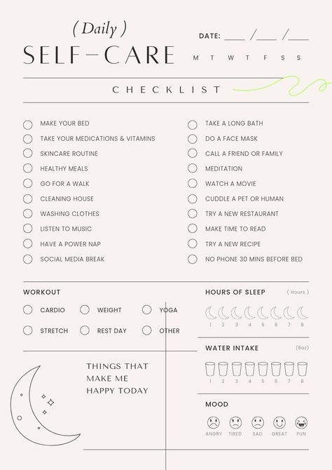 A more detailed version of the Daily Self- Care Routine Printable Checklist. This one is for the besties who want to track asa much as possible to incorporate new daily habits into their lives. This includes a few ideas listed in the center of the page plus water, sleep, workout, and mood trackers, as well as a section at the bottom left corner to write the things of the day that made you the happiest for a little bit of gratitude. Daily Self Care Checklist, Printable Self Care, Before Bed Workout, Kunstjournal Inspiration, Daily Self Care, Self Care Checklist, To Do Planner, Practicing Self Love, Social Media Break