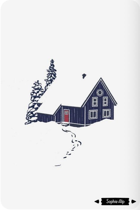 Snowy Cabin Drawing, Winter Graphic Design Illustration, Christmas Illustration Art Prints, Winter Cute Drawing, Winter Cabin Illustration, Snow House Drawing, Winter Card Design, Christmas Card House, Christmas House Art