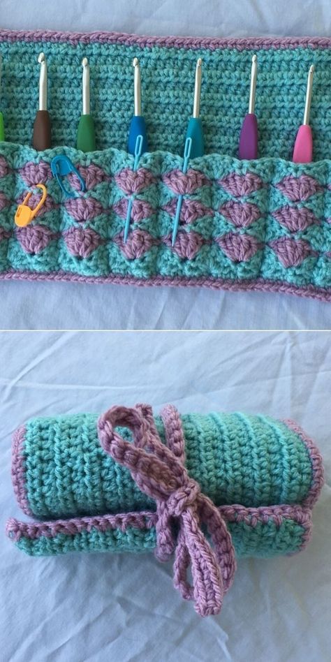 Roll Up Crochet Hook Case Free Pattern, Crocheted Crochet Hook Holder, Crochet Hook Organizer Pattern Free, Crochet Tool Organizer, Crochet Pouch For Hooks, Crochet Holder For Hooks, Crochet Brush Holder, Crochet Hook Pouch Free Pattern, Crochet Hook Holder Free Pattern