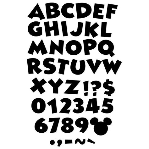 Eureka® Mickey Mouse® Throwback Black Deco Letters, 216 Characters Per Pack, 3 Packs | Try Eureka Reusable Punch Out Letters. Printed on coated paper with brilliant rich color, they are perfect for creating personalized projects in displays. Each punch-out, reusable letter measures 4", printed on long-lasting coated paper. Each pack includes 216 characters. Sold as 3 packs for a total of 648 characters. Mickey Mouse Font, Mickey Mouse Letters, Disney Letters, Disney Alphabet, Holiday Fonts, Lettering Alphabet Fonts, Christmas Fonts, Creative Fonts, Punch Out