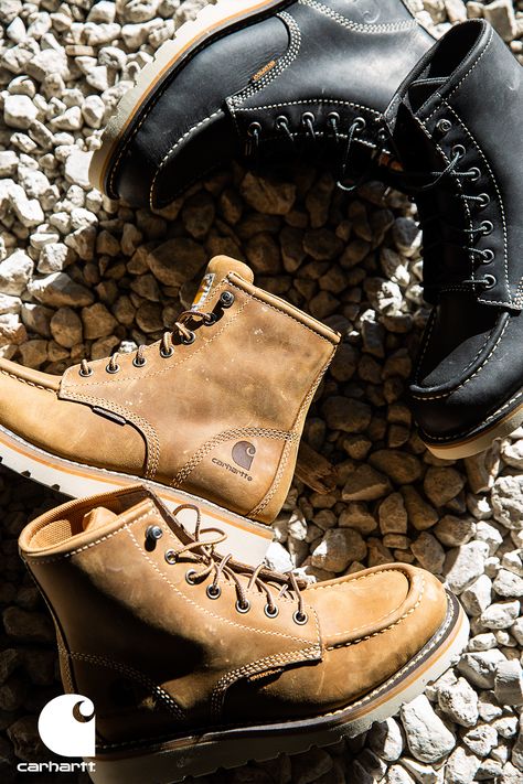 two pairs of mens boots laid out on the ground. Mens Work Shoes Construction, Men’s Rain Boots, Men’s Work Boots, Men’s Boots Style, Mens Casual Boots, Carhartt Boots, Women's Work Boots, Mens Work Boots, Workwear Men