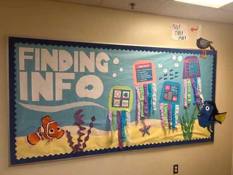 Classroom Decor College Theme, Finding Info Bulletin Board, Ra Wall Decorations, Ra Summer Bulletin Boards, Parents Bulletin Board Ideas, Disney Door Decs Resident Assistant, Nemo Bulletin Board Ideas, Ra Dorm Room Ideas Resident Assistant, Finding Nemo Bulletin Board Ideas