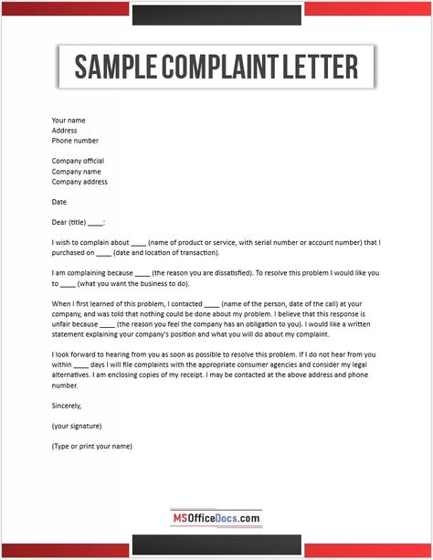 Free Sample Complaint Letters - MS Office Documents Complaint Letter Sample, Complaint Letter, Office Documents, Ms Office, Letter Sample, Word Template, Free Sample, Free Samples, Business Tips