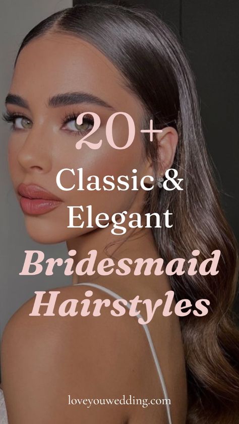 Need classic and elegant bridesmaid hair ideas? Discover 20 beautiful classic bridesmaid hairstyles for long, short, and medium-length hair. From sleek to classic to elegant, we have the best classic wedding hairstyles for bridesmaids! Wedding beauty Wedding Hair Comb Side Vintage Style, Bridesmaid Hair To Side, Bridesmaid Hairstyles Long Brown Hair, Hair For Formal Dress, Simple Hairdo For Bridesmaid, Mostly Down Bridesmaid Hair, Hair One Shoulder Dress Hairstyles, Simple Bridesmaid Hair Updo Elegant Bun, Wedding Guest Hair Ideas Long