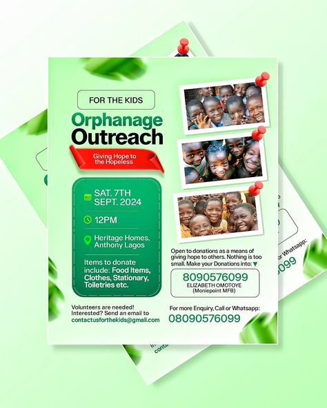 A simple orphanage outreach flyer Outreach Flyer Design, Orphanage Design, Social Media Advertising Design, Christian Images, Church Graphic Design, Flyer And Poster Design, Creative Flyers, Social Media Design Inspiration, Social Media Design Graphics