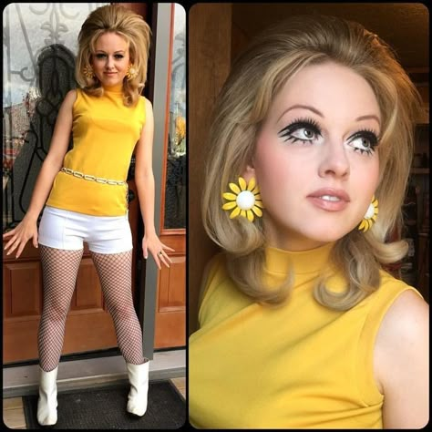 Gogo Girl Hair, 1968 Hairstyles, Gogo Girl Makeup, Twiggy Halloween Costume, 70s Gogo Dancer, Twiggy Outfits, Twiggy Costume, 60s Halloween Costumes, 60's Hairstyles