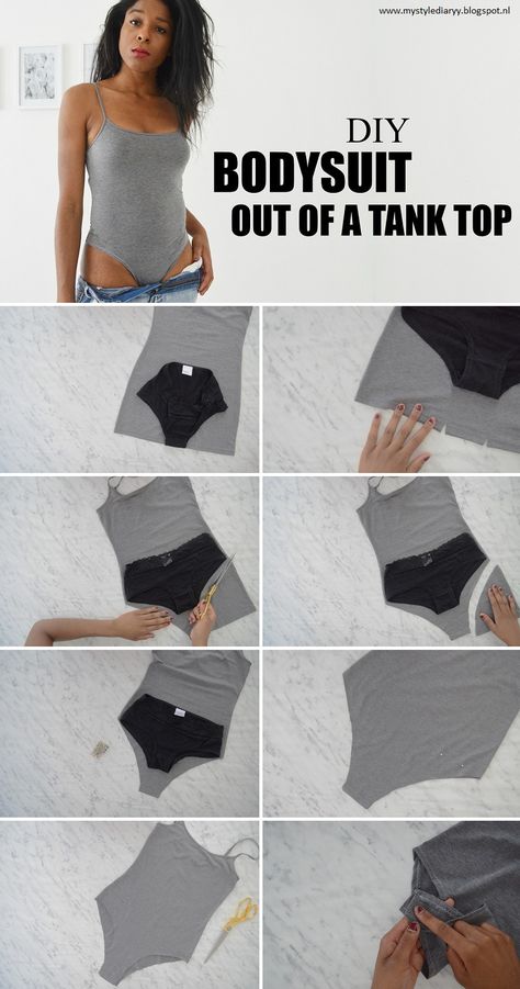 Here is a way to transform your old tank top into a bodysuit. Bodysuits are extremely trendy! With this tutorial you will save a lot... Diy Bodysuit, Pola Rok, Diy Sy, Diy Vetement, Costura Diy, Diy Couture, Refashion Clothes, Clothing Hacks, Diy Shirt