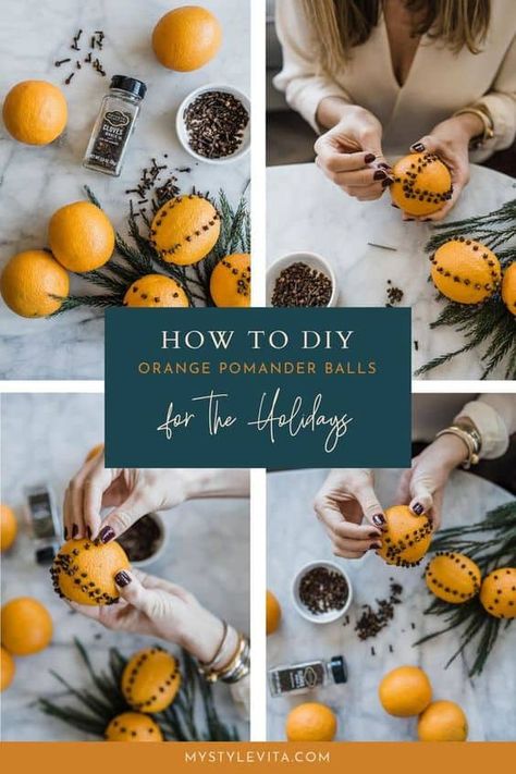 How to easily make orange pomander balls with cloves for Christmas. Check out this easy step by step tutorial DIY for a festive citrus fruit centerpiece for the holidays like Thanksgiving and Christmas. #DIY Pomander Balls Christmas, Pomanders How To Make, Orange With Cloves, Christmas Pomander, Orange Pomanders, Creative Homemade Gifts, Pomander Balls, Fruits Decoration, Fruit Centerpieces