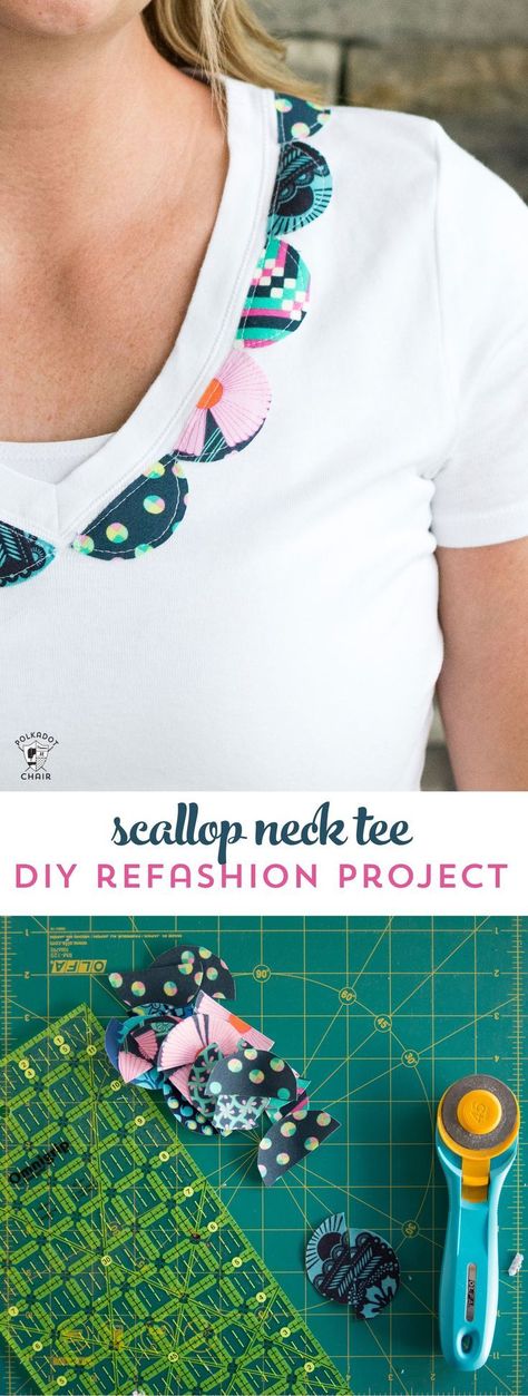 Scallop Neck T-Shirt Refashion Tutorial Umgestaltete Shirts, Tote Bag Pattern Free, Beginner Sewing, Beginner Sewing Projects Easy, T-shirt Refashion, Shirt Refashion, Leftover Fabric, Sewing Projects For Beginners, Sewing Skills