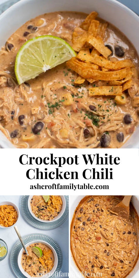 Crockpot white chicken chili with cream cheese served as a fall dinner. White Chicken Chili Crockpot Recipes With Cream Cheese, Crockpot White Chicken Chili Easy, Slow Cooker White Chicken Chili, Instant Pot White Chicken Chili, Easy Creamy White Chicken Chili, Croc Pot Fall Recipes, White Chicken Chili Instant Pot, Crockpot Fall Meals, Easy White Chicken Chili