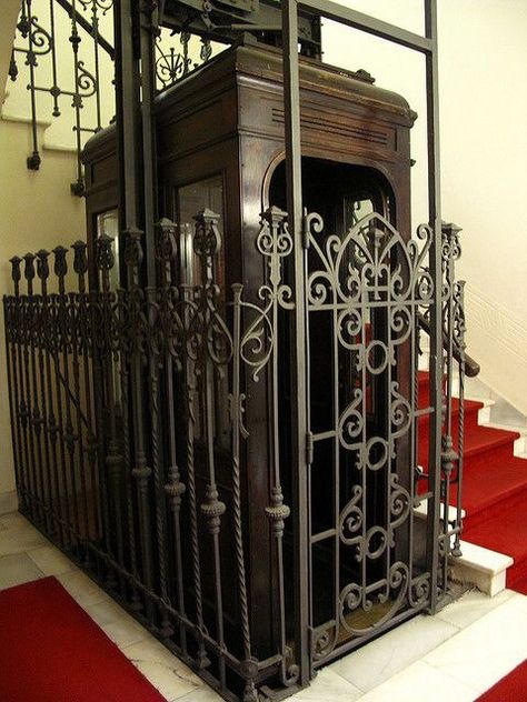 Wrought Iron Elevator. Sally House, Old Elevator, Elevator Interior, Interior Design Colleges, Stair Lift, Elevator Design, Door Number, Lift Design, Jukeboxes