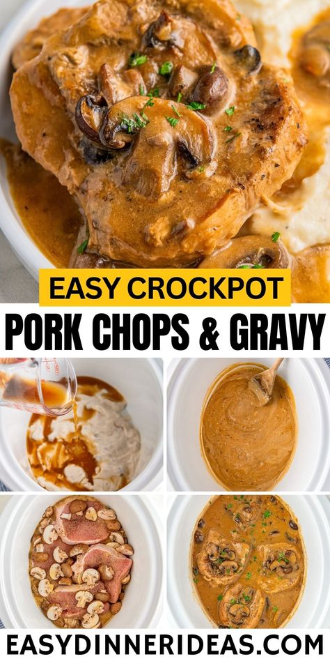 This tender crockpot pork chop recipe is an easy one-pot meal with just a few minutes of prep! Melt-in-your-mouth pork chops are smothered in a creamy mushroom gravy that's so good you’ll want to pour it over everything. #PorkChopRecipes #BudgetMeal #SlowCookerRecipes Crockpot Meat And Gravy, Easy Pork Chop Casserole Recipes, Pork Chop In Mushroom Sauce, Slow Cook Pork Chops Crockpot Recipes, Crockpot Pork Chops With Gravy, Pork Chops With Gravy Crock Pots, Gravy Pork Chops Crock Pot, Pork Chop Recipes With Mushrooms, Crock Pot Cream Of Mushroom Pork Chops