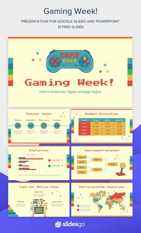 Promote a gaming week and gather players from everywhere by using this wonderful template for Google Slides and PowerPoint. You'll love the typography! Interactive Powerpoint Presentation, Theme Powerpoint, Ppt Template Design, Free Ppt Template, Powerpoint Tutorial, Brand Guidelines Template, Presentation Design Layout, Powerpoint Games, Page Layout Design