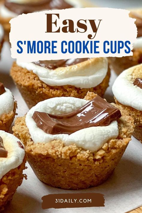 These easy S’mores Cookie Cups are the answer to s’more cravings when a campfire isn’t handy. Sweet, tender graham crusts, roasted marshmallows, and melting chocolate. Hungry yet? These delicious bites are ready in minutes with only a handful of ingredients. Yum! S'mores Cookie Cups, Campfire Cookies, Easy Smores, Easy S, Easy Sweets, Picnic Recipes, Smores Cookies, 4th Of July Recipes, July Recipes