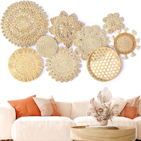 PRICES MAY VARY. ❂【EXQUISITE HANDMADE WALL DECOR 】Elevate your interior décor with this boho wall decor.Crafted by skilled artisans using natural materials such as seagrass, rattan, wicker, and corn husk, our rattan wall decor serves as a perfect alternative to traditional artwork, ensuring it brings a natural vibe and authentic touch to your living space. Seamlessly blending into any room, it creates a charming bohemian atmosphere filled with warmth and texture. ❂【LARGER SIZE DESIGN】Each set in Boho Wall Baskets, Boho Wall Basket Decor, Rattan Wall Decor, Farmhouse Living Rooms, Wicker Wall Decor, Basket Decor, Wall Baskets, Wicker Wall, Elegant Wall Art