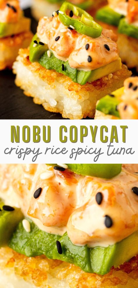 Make better-than-Nobu Crispy Rice Spicy Tuna at home! This trendy appetizer features bite-sized crispy rice topped with creamy thinly-sliced avocado, finely-chopped tuna mixed with a delicious spicy sauce, and jalapeños!Cured and canned fish options available. Nobu Recipes, Crispy Rice Spicy Tuna, Avocado Appetizer, Rice Avocado, Sushi Recipes Homemade, Tuna Recipe, Crispy Rice, Egg Recipe, Spicy Tuna