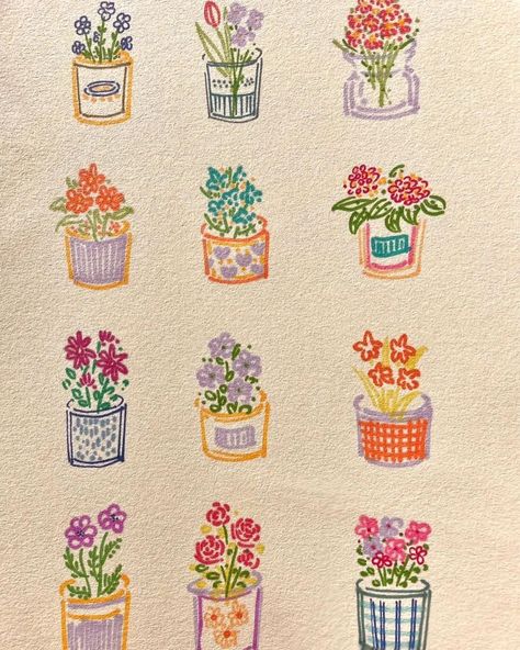 Pencil Crayon Drawing Easy, Flower Doodles Easy, Cute Flower Doodles, Mini Flower Garden, Flower Garden Drawing, Cute Flower Drawing, Flower Doodle, Seni Dan Kraf, Garden Drawing