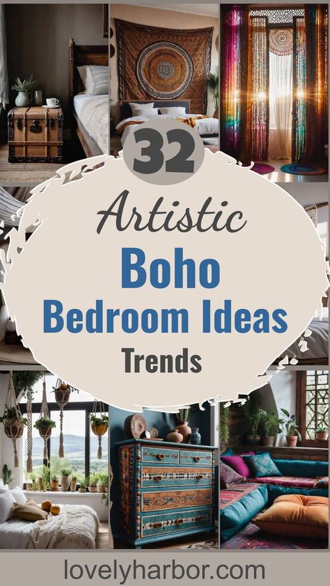 32 Artistic Boho Bedroom Ideas For 2024 Sophisticated Boho Bedroom, Dark Green Boho Bedroom, Boho Cowgirl Bedroom, Virgo Witch, Green Boho Bedroom, Dark Green Boho, Hippy Bedroom, Hippie Bedroom Decor, Industrial Bedroom Design