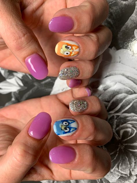 Cute nail art, nail art, Bluey, Bluey & Bingo Bluey & Bingo Nails, Bluey Bingo Nail Art, Bluey Show Nails, Bluey Cartoon Inspired Nails, Bluey Nail Art Designs, Bluey Cartoon Acrylic Nails, Bluey Nails Design, Bluey Bingo Inspired Nails, Bluey Dog Nails