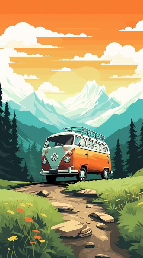 Journey Illustration, Vw Buzz, Bus Illustration, Beautiful Nature Landscape, Ipad Drawing, Vw Art, Combi Vw, Ipad Drawings, Art Gallery Wallpaper