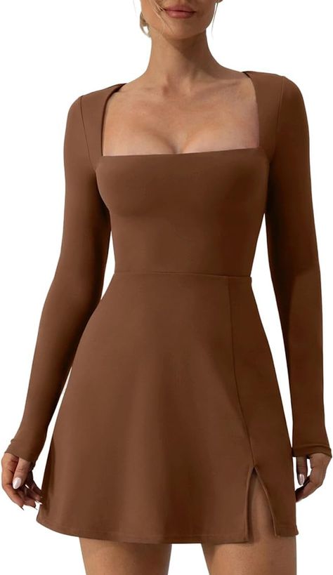 Yoisdtxc Women's Solid Color Square Neck Long Sleeve Dress Shrugged Shoulder Split Bottom Short Skirt Elastic Horn Mini Dress (A-Coffee 1, M) : Amazon.co.uk: Fashion Evening Dresses Short, Short Summer Dresses, Coffee Color, Square Neck Dress, Flare Mini Dress, Mini Dresses For Women, Multicolor Dress, Long Sleeve Short Dress, Summer Party Dress