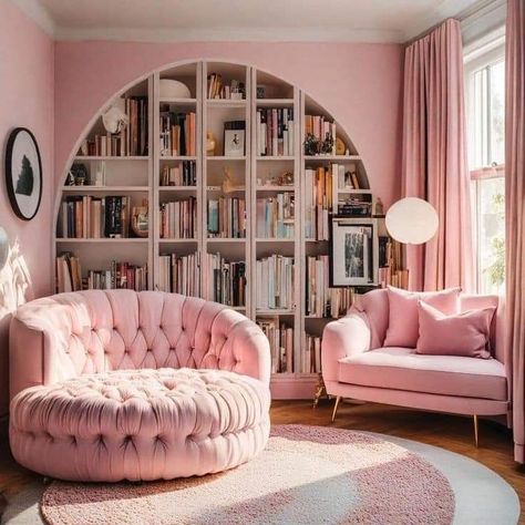 Blush Pink Bedroom Decor, Pink Bookshelves, Yellow Kitchen Cabinets, Small Bloxburg House Ideas, Aesthetic Bookshelf, Small Bloxburg House, Pink Living Room Decor, Pink Bathroom Decor, Pastel Home Decor