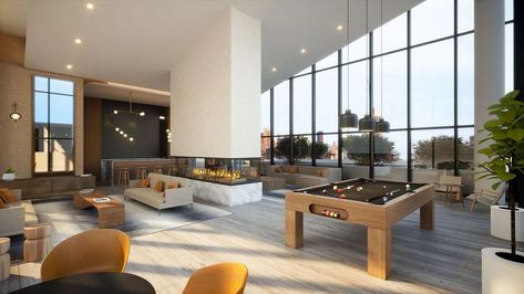 A rendering of a common area at Ollie’s forthcoming Long Island City project. 3 World Renderings Nyc Projects, Co Living, Lobby Design, Lounge Design, New York Apartment, Apartment Complexes, Nyc Apartment, Cool Apartments, Senior Living