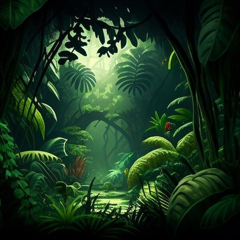 Dark Jungle Background, Japanese Jungle Tattoo, Rainforest Illustration Art, Jungle Illustration Art, Fantasy Jungle Landscape, Jungle Scenery Landscapes, Rainforest Background Drawing, Jungle Landscape Art, Jungle Illustration Background