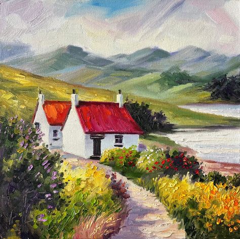 🌿 Immerse yourself in the lush landscapes of Ireland with this enchanting hand-painted oil masterpiece. Title: Cottages in Ireland Year: 2023 Signed by: Diana Pigni MADE TO ORDER My Ready to Ship Artworks: https://www.etsy.com/shop/DianaPigniArt This artwork is CUSTOM MADE, originating from my studio in Northern Europe. The painting shown in the images has already been sold, but upon your order, I will recreate it. While your painting will mirror the photo in color and composition, it won't be Cottages In Ireland, Ireland Painting, Oil Landscape Paintings, Ireland Art, Ireland Cottage, Countryside Art, Countryside Paintings, Art Cottage, Cottage Painting