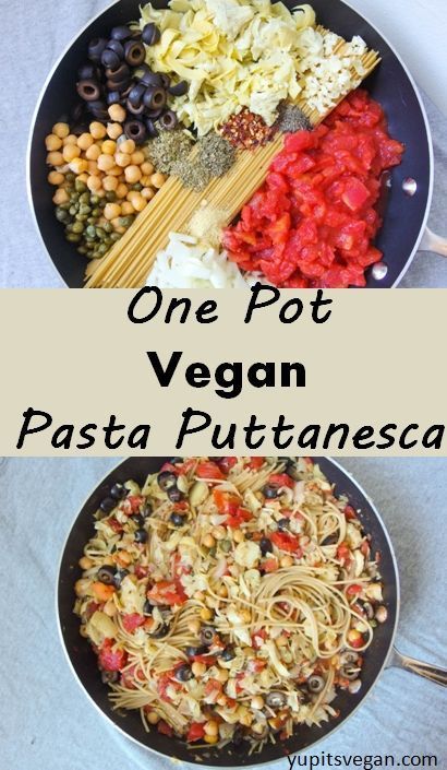 One pot spaghetti alla puttanesca: a fast & hearty vegan pasta dish with olives, capers, chickpeas and artichoke hearts! #vegan One Pot Puttanesca, Pasta Artichoke, Vegan Puttanesca, Vegetable Spaghetti, One Pot Spaghetti, Alla Puttanesca, Vegan Pasta Dish, Vegan Spaghetti, Pasta Puttanesca