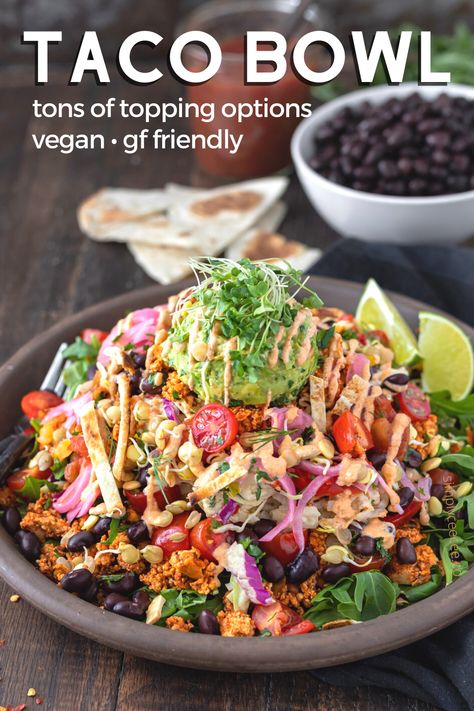 Vegan Taco Bowl Recipes, Plant Based Taco Bowl, Tofu Taco Bowl, Taco Salad Vegetarian, Vegan Taco Bowl, Vegan Salad Bowl, Tofu Crumbles, Vegan Bowl Recipes, High Protein Recipes Dinner