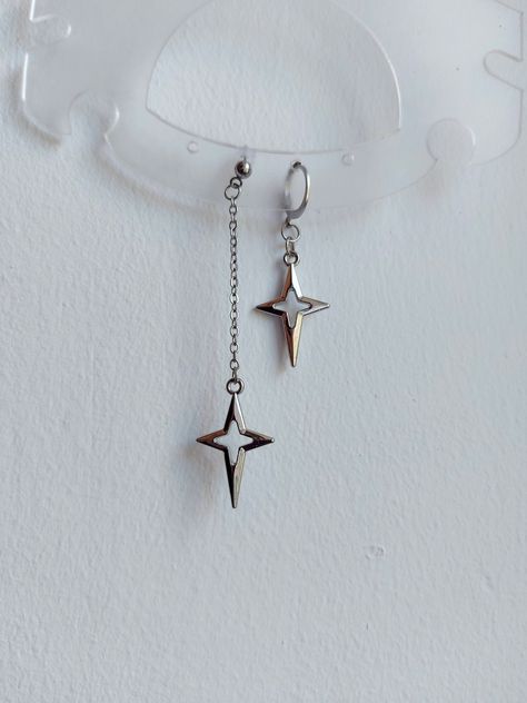 Earrings Grunge, Earrings Asymmetrical, Grunge Earrings, Earrings Y2k, Y2k Earrings, Anime Earrings, Style Indie, Earrings Gothic, Silver Star Earrings