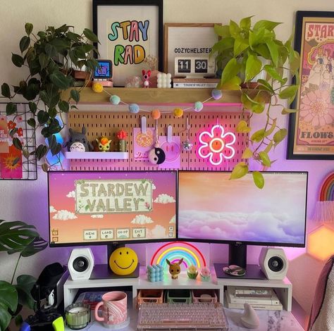 Colorful Gaming Room, Funky Desk Setup, Colorful Gaming Setup, Maximalist Gaming Setup, Girly Gamer Room, Cozy Gamer, Battle Station, Gaming Desk Setup, Cozy Gaming