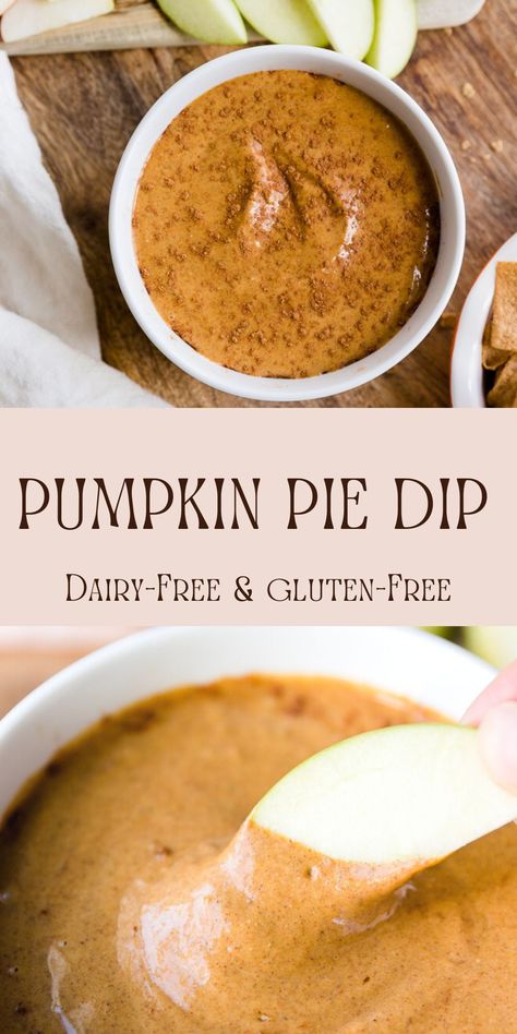 This Dairy-Free Pumpkin Pie Dip is thick, creamy, and made with simple ingredients! It's the perfect quick and easy appetizer for a Halloween Party, Thanksgiving, or any anytime during the holiday season! Dairy Free Dip Recipes, Pumpkin Pie Dip Recipe, Dairy Free Thanksgiving Recipes, Dairy Free Pies, Dairy Free Thanksgiving, Gluten Free Dips, Healthy Pumpkin Pie, Dairy Free Pumpkin Pie, Healthy Dip Recipes