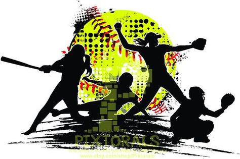 Softball Vector. One design that can be broken up and used individually with the right software. One ball, 4 Player Silhouettes, 1 Vector Scratch/Splash. This graphic will work well on your t-shirt design, screen transfer or whatever you can think of. Not your ordinary Softball Clipart, but thats Softball Wallpapers, Softball Tattoos, Women Softball, Softball Designs, Softball Backgrounds, Softball Logos, Softball Decorations, Softball Pics, Softball Clipart