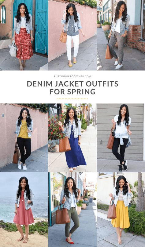 Wanna get the most use out of that denim jacket you love? Rounding up TONS of ideas for you to copy! Jean Jacket Outfits Work, Cute Denim Jacket Outfits, Light Wash Jean Jacket Outfit, Jackets With Dresses, Jean Jacket Outfits Spring, Shacket Outfits, Denim Jacket Outfits, Outfits For Spring, Fancy Casual