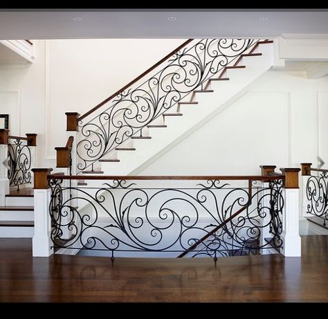 Wrought Iron Stair Railing, Wrought Iron Staircase, Staircase Railing Design, Iron Staircase, Iron Stair Railing, Wrought Iron Stairs, House Staircase, Escalier Design, Stair Railing Design