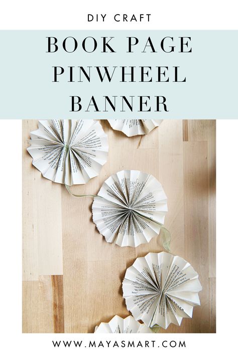 DIY book page pinwheel banner! This banner is the perfect book-lover decoration for a birthday party, baby shower, or even a little photoshoot. #bookparty #bookpartydecorations #bookcrafts #books #booklovers Book Page Pinwheel, Book Pages Decorations, Book Ceiling Decor, Book Page Party Decorations, Paper Crafts Book Pages, Literary Party Decorations, Book Theme Favors, Book Page Banner Diy, Book Lover Party Decorations