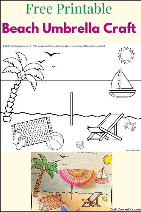 Picture of a beach umbrella craft for kids.  This craft is made using the free printable beach scene.  The beach coloring sheet has been colored and a folded cupcake liner has been glued on the picture to make a beach umbrella. Umbrella Drawing For Kids, How To Draw A Beach Umbrella, Beach Umbrella Drawing, Beach Umbrella Watercolor, Beach Umbrella Illustration, Umbrella Craft, Free Printable Coloring Sheets, Summer Crafts For Kids, Beach Umbrella