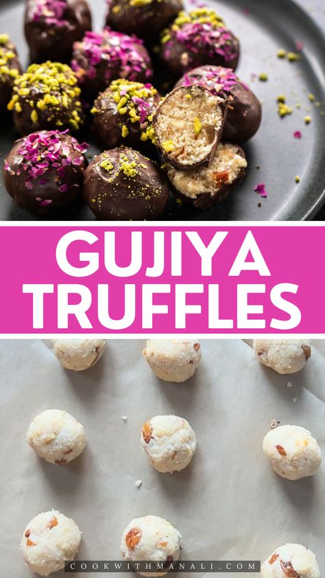 These Gujiya Truffles taste like biting into gujiya but without all the extra effort that goes into making traditional gujiya! Made with mawa, nuts, raisins and dipped in chocolate, these make the perfect bite size treat for Holi or Diwali! Holi Snacks Recipe, Diwali Recipes Sweets, Fusion Mithai, Diwali Mithai, Oreo Bites, Unique Sweets, Holi Recipes, Diwali Ideas, Diwali Recipes