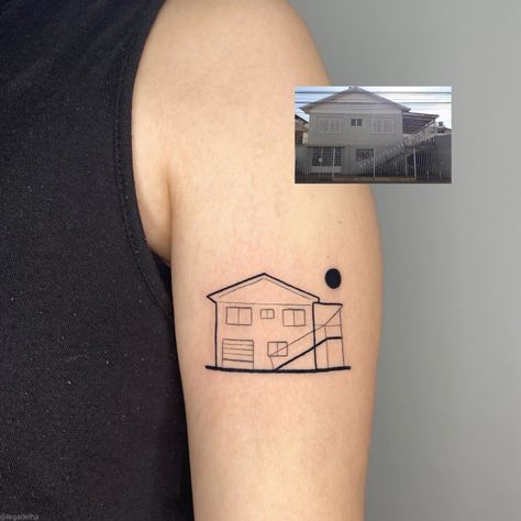 Tattoos Of Houses, Tattoos For Architects, House Fine Line Tattoo, Fine Line House Tattoo, Back Of Bicep Tattoo Women, House Outline Tattoo, Childhood Home Tattoo, House Tattoo Minimalist, Tiny House Tattoo